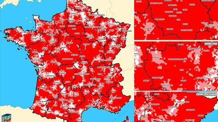 La carte de la fracture sanitaire pour les gyn&eacute;cologues dessin&eacute;e par l'UFC-Que choisir. En rouge fonc&eacute;, les zones o&ugrave; il est presque impossible de trouver un praticien ne pratiquant pas de d&eacute;passements d'honoraires. (UFC QUE CHOISIR)