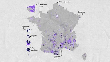 Carte du vote, au second tour de la présidentielle 2022, des communes dans lesquelles Jean-Luc Mélenchon était arrivé en tête au premier tour. (ELLEN LOZON / FRANCEINFO)