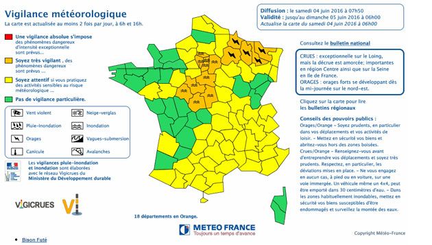 &nbsp; (18 départements en tout sont donc concernés par une vigilance orange samedi matin © capture d'écran Météo France)