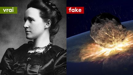 &nbsp;Millicent Fawcett (à gauche) et une météorite percutant la terre (image de synthèse, à droite). (GETTY IMAGES / PHOTOMONTAGE)