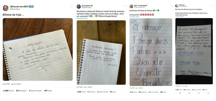 Exemple de messages manuscrits diffusés sur Twitter et relayés sur tous les réseaux donnant rendez-vous à Brasilia, et appelant à une intervention militaire. (CAPTURES D'ECRAN TWITTER)