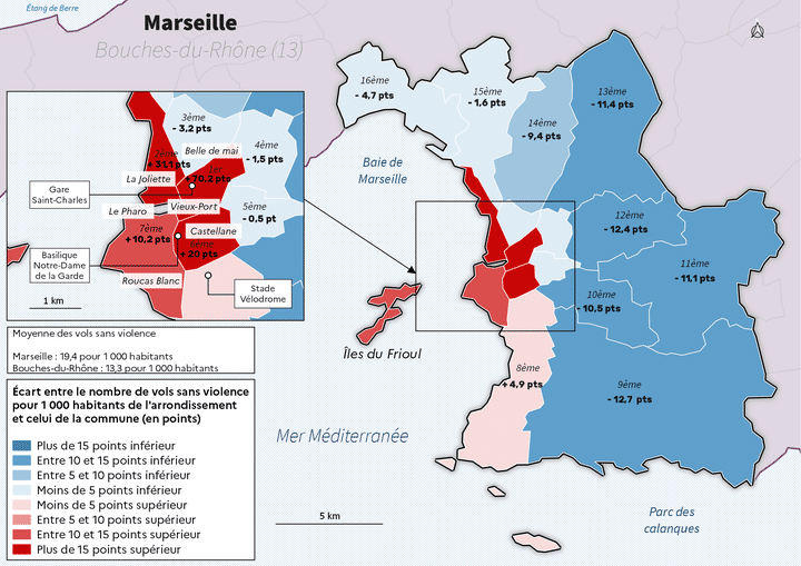 Vols sans violence contre des personnes enregistrés dans les arrondissements de Marseille en 2022. (SSMI)