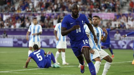 Jean-Philippe Mateta after his goal with France against Argentina in the quarter-finals of the Olympic football tournament, on August 2, 2024, in Bordeaux. (ROMAIN PERROCHEAU / AFP)