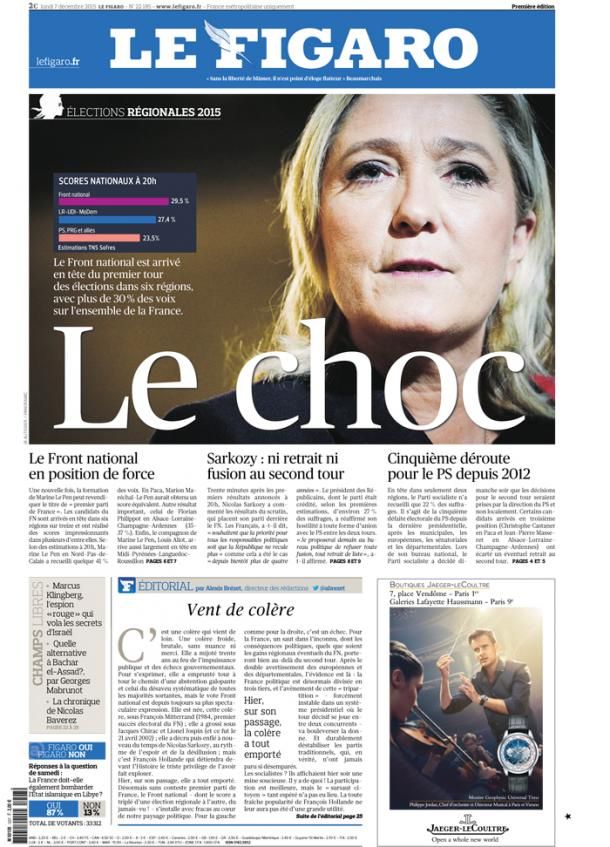 Une du "Figaro" daté du lundi 7 décembre 2015. (LE FIGARO)