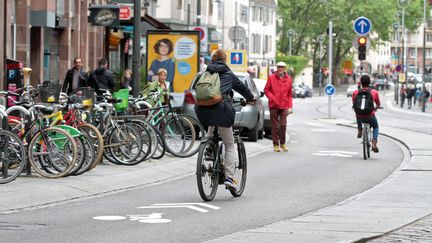 Un cycliste circule sur une vélorue, où les bicyclettes sont prioritaires, le 12 mai 2017 à Strasbourg. (DOMINIQUE GUTEKUNST / MAXPPP)