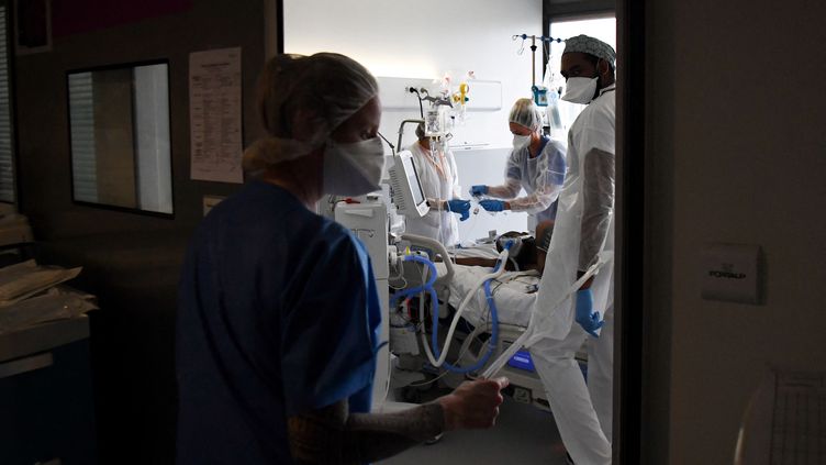 Des&nbsp;soignants s'occupent d'un patient atteint du Covid-19&nbsp;au service de réanimation du CHU Pierre Zobda-Quitman de Fort-de-France, à la Martinique, le 1er décembre 2021. (ALAIN JOCARD / AFP)