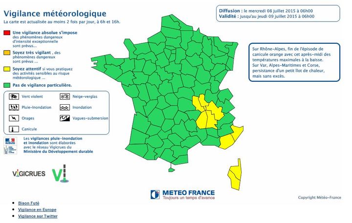 &nbsp; (La carte d'alerte de Météo France le 8 juillet 2015 © Météo France/ Capture d'écran)