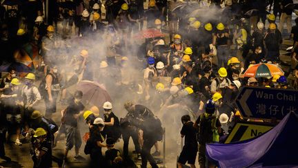 Des opposants au gouvernement hongkongais sous un nuage de gaz lacrymogène, mardi 2 juillet 2019 au matin non loin du Parlement de la mégalopole. (ANTHONY WALLACE / AFP)