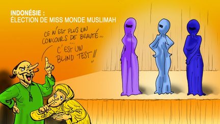 La Tunisienne Fatma Ben Guefrache, 25 ans, a remporté, le 21 novembre 2014 en Indonésie, la finale de la 4e édition de l'élection Miss monde Muslimah. Les 18 candidates, voilées, ont défilé sur fond de temples anciens labellisés par l'Unesco.
Comme il ne s'agissait pas d'un concours de beauté, elles ont été jugées, outre leur apparence, sur leur capacité à réciter des versets du Coran et à leur conception de l'islam dans le monde. Ironie du sort, la finale du concours Miss Monde se tenait dans le même temps à... Bali !  (Franck Pucques)