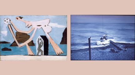 A gauche,&nbsp; Pablo Picasso, "Joueurs de ballon sur la plage",&nbsp;Dinard, 15 août 1928. Paris, Musée national Picasso – Paris. -&nbsp;A droite, Jacques Monory, "Hommage à Casper David Friedrich n°2", 1975 (A gauche © Succession Picasso 2020. Photo © RMN-Grand Palais (Musée national Picasso - Paris) / René-Gabriel Ojéda - à droite © Adagp, Paris, 2019 ; photo Courtoisie Galerie Lelong Paris - A droite, © Jacques Monory / Adagp Paris 2020)