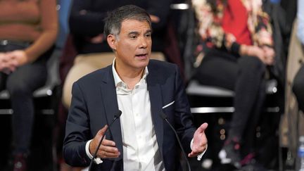 Olivier Faure, Premier secrétaire du Parti socialste, lors&nbsp;de l'investiture d'Anne Hidalgo comme candidate du PS à l'élection présidentielle, à&nbsp;Lille, le 23 octobre 2021 (JAAK MOINEAU / HANS LUCAS / AFP)