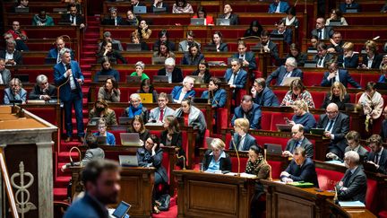 Les députés de la Nupes au sein de l'hémicycle de l'Assemblée nationale, le 14 février 2023, à Paris. (XOSE BOUZAS / HANS LUCAS / AFP)