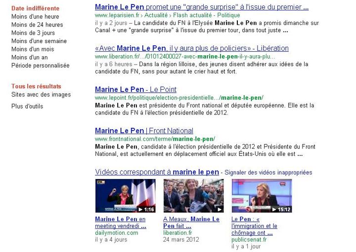 Capture d'écran des vidéos suggérées par Google sur Marine Le Pen. (DR)