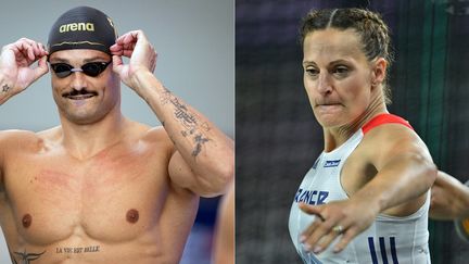 Le nageur Florent Manaudou et la lanceuse de disque Mélina Robert-Michon seront les porte-drapeaux de l'équipe de France aux Jeux olympiques de Paris. (SEBASTIEN BOZON,BEN STANSALL / AFP)