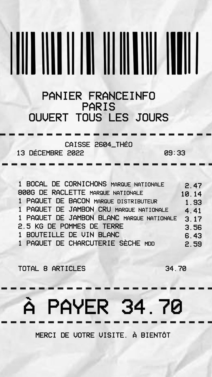 Le ticket de courses de notre panier raclette. MDD = marque de distributeurs (Carrefour, Auchan, Leclerc, etc.) Ce ticket est fictif et représente des moyennes nationales. (STEPHANIE BERLU / FRANCEINFO / RADIO FRANCE)