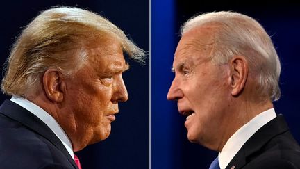 Combinaison de photos de Donald Trump et de Joe Biden lors du dernier débat présidentiel à l’université Belmont à Nashville, Tennessee (Etats-Unis), le 22 octobre 2020. (MORRY GASH / AFP)