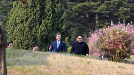Les dirigeants Moon Jae-in (gauche) et Kim Jong-un (droite) le 27 avril 2018 lors du sommet&nbsp;dans la&nbsp;zone démilitarisée entre les deux Corées. (KOREA SUMMIT PRESS POOL / KOREA SUMMIT PRESS POOL)