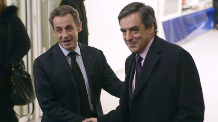 L'ancien président Nicolas Sarkozy et l'ancien Premier ministre&nbsp;François Fillon au siège de l'UMP (ex-Les Républicains), à Paris, le 2 décembre 2014.&nbsp; (LIONEL BONAVENTURE / AFP)