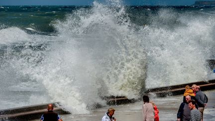 Des curieux observent les vagues, le 12 ao&ucirc;t, lors de la grande mar&eacute;e &agrave; Wimereux (Pas-de-Calais). (PHILIPPE HUGUEN / AFP)