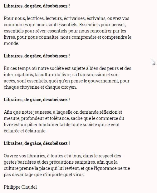 L'appel lancé par Philippe Claudel dans les colonnes du magazine Livres Hebdo, 1er novembre 2020 (Livres Hebbo)