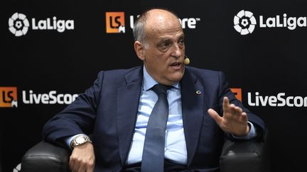 Javier Tebas, le président de Ligue espagnole de football, ici lors d'une conférence, le 12 septembre 2019 à Madrid. (PIERRE-PHILIPPE MARCOU / AFP)