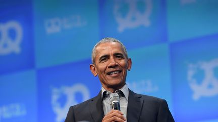 L'ancien président américain, Barack Obama, lors du congrès "Bits &amp; Pretzels" à Munich, en Allemagne, le 29 septembre 2019.&nbsp; (CHRISTOF STACHE / AFP)