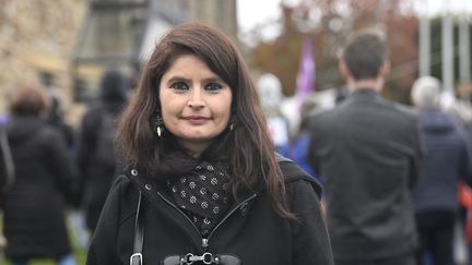 Hélène Thouy, cofondatrice du Parti animaliste et candidate à la présidentielle, le 30 octobre 2021 lors d'une manifestation anti-chasse en Ille-et-Vilaine. (THOMAS BR?GARDIS / OUEST-FRANCE / MAXPPP)