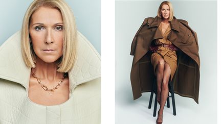 La chanteuse québéquoise Céline Dion pose pour le "Vogue France" de mai 2024 : à gauche en trench en cuir Jacquemus, à droite dans un trench et une robe cache-cœur Saint Laurent. (VOGUE FRANCE)