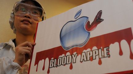 Des manifestants d&eacute;noncent les pratiques du g&eacute;ant ta&iuml;wanais Foxconn, en marge de l'assembl&eacute;e g&eacute;n&eacute;rale de l'entreprise, le 18 mai 2011 &agrave; Hong Kong. (MIKE CLARKE / AFP)