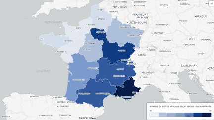 La carte des régions où l'on consomme le plus de pilules érectiles. (FRANCETV INFO)