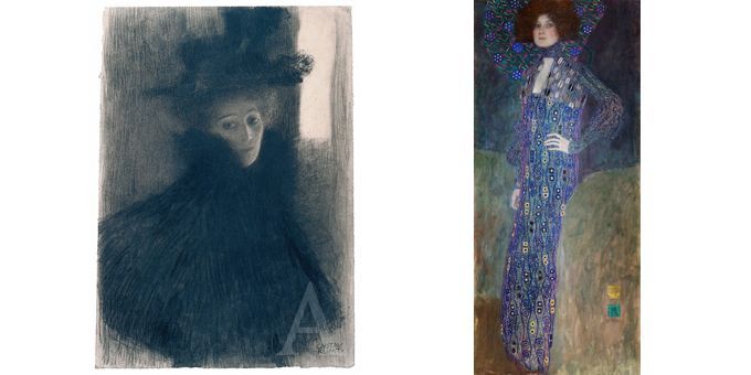 Gustav Klimt
	Bildnis einer Dame mit Cape und Hut im Dreiviertelprofil, 1897-98
	Black and red charcoal
	© Albertina, Vienna
	Portrait of Emilie Flöge, 1902
	Gustav Klimt
	Oil on canvas
	© Wien Museum
 (A droite © Albertina, Vienna - A gauche © Wien Museum)