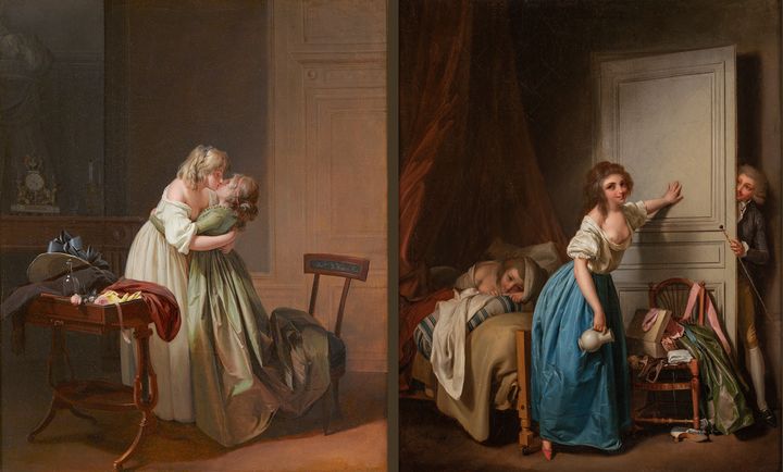 Louis-Léopold Boilly (1761-1845). A gauche: "Deux jeunes amies qui s'embrassent" vers 1789-1793 - Huile sur toile.&nbsp;A droite: "L'indiscret" vers 1789-1793 - Huile sur toile. (WILTSHIRE THE RAMSBURY MANOR FOUNDATION - PARIS MUSEE COGNACQ-JAY)