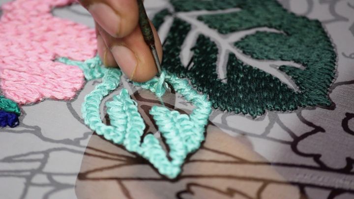 Détail du travail de broderie coloriage réalisé à la main sur une création Mii pour la collection été 2021 (Sharanya Mukherji)