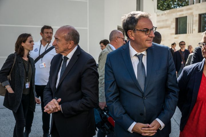 Gérard Collomb (à gauche) et David Kimelfeld lors de l'inauguration de l'institut de la Civilisation musulmane, le 19 septembre 2019 à Lyon. (NICOLAS LIPONNE / NURPHOTO)