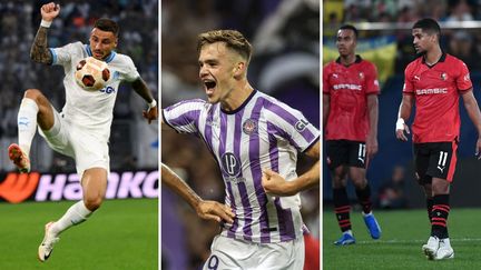 Le Marseillais Jonathan Clauss (à gauche), le Toulousain Thijs Dallinga (au centre) et le Rennais Ludovic Blas, lors de la 2e journée de Ligue Europa, le 5 octobre 2023. (AFP)