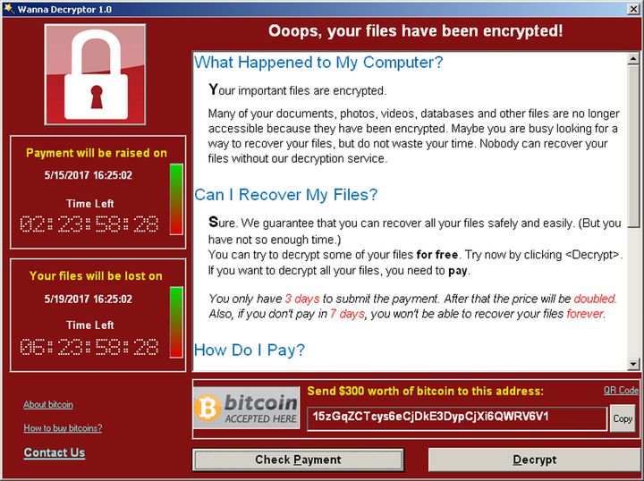 Une capture d'écran du message de rançon affiché par le virus WannaCry, le 15 mai 2017, chez l'expert en sécurité informationque Symantec, à Mountain View en Californie (Etats-Unis). (REUTERS)