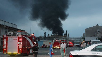 L'usine chimique de la ville Himeji (ouest du Japon) en feu, apr&egrave;s une explosion, le 29 septembre 2012.&nbsp; (JIJI PRESS / AFP)