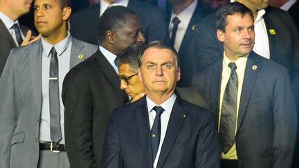 Le président&nbsp;Jair Bolsonaro, le 14 juin 2019,&nbsp;lors de la cérémonie d'ouverture de la Copa America, à&nbsp;Sao Paulo au Brésil. (CLEVER FELIX / BRAZIL PHOTO PRESS / AFP)