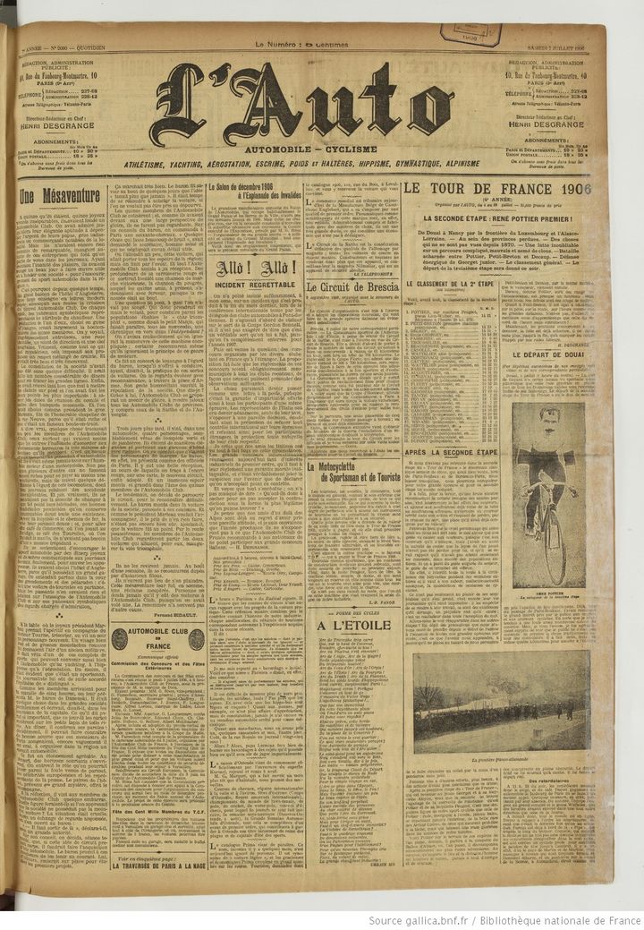 La Une du journal L'Auto au lendemain de la victoire de René Pottier sur la deuxième étape du Tour de France, le 7 juillet 1906. (GALLICA / BNF)