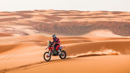 Adrien Van Beveren (Honda) lors de l'étape 8 du Dakar, entre Al-Duwadimi et Hail, le 15 janvier 2024. (ANTONIN VINCENT / AFP)