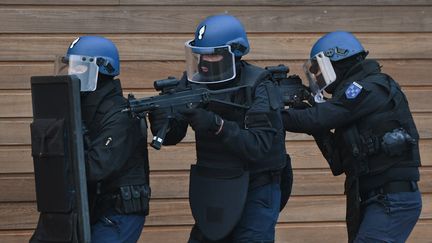 Des gendarmes du Psig (Peloton de surveillance et d'intervention de la gendarmerie), lors d'un exercice à&nbsp;Echillais (Charente-Maritime), le 30 mai 2016. (XAVIER LEOTY / AFP)