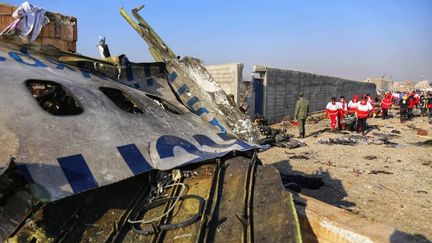 Des équipes de secours travaillent au milieu des débris après qu'un avion ukrainien s'est écrasé près de l'aéroport de Téhéran (Iran), le 8 janvier 2020. (IRANIAN RED CRESCENT SOCIETY / AFP)