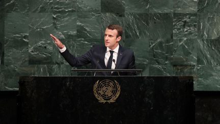 Emmanuel Macron à la tribune des Nations unies, le 19 septembre 2017, à New York. (DREW ANGERER / GETTY IMAGES NORTH AMERICA)