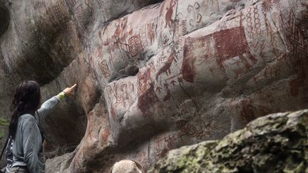 Une anthropologue française, Céline Valadeau, montre un rocher de la colline Raudal de Guayabero, dans la Serrania La Lindosa. Jungle amazonienne du département colombien du Guaviare.
 (GUILLERMO LEGARIA / AFP)