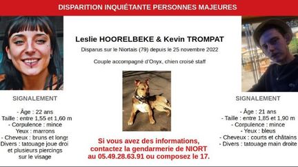 Appel à témoins de la gendarmerie des Deux-Sèvres concernant la disparition inquiétante de Leslie et Kévin, dans la nuit du 25 au 26 novembre 2022. (CAPTURE D'ECRAN)