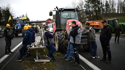 Des agriculteurs mobilisés sur un barrage routier, le 23 janvier 2024, près d'Agen (Lot-et-Garonne). (CHRISTOPHE ARCHAMBAULT / AFP)