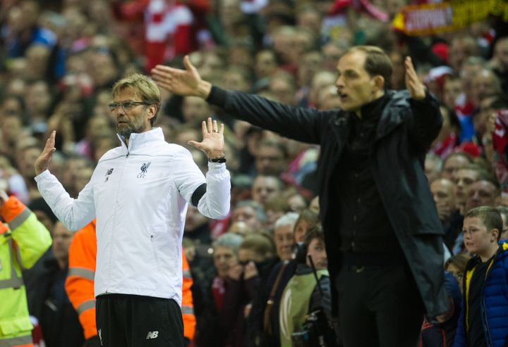 Thomas Tuchel lors de la défaite de Dortmund contre le Liverpool de Jürgen Klopp en 2016 (BERND THISSEN / DPA)